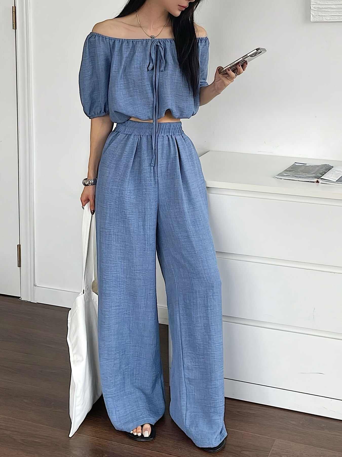 Women's Summer Solid Color Off-Shoulder Puff Sleeve Crop Top and Loose Wide-Leg Pants Two-Piece Set