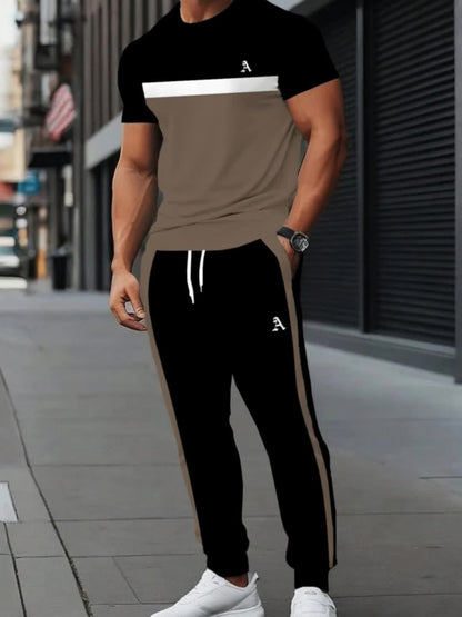 Men'S Polyester Sportswear | Elegant Casual Crew Neck | Slightly Stretchy Knit with Striped 3D Print | Regular Fit Two-Piece Set | Patterned Short Sleeve T-Shirt and Long Pants