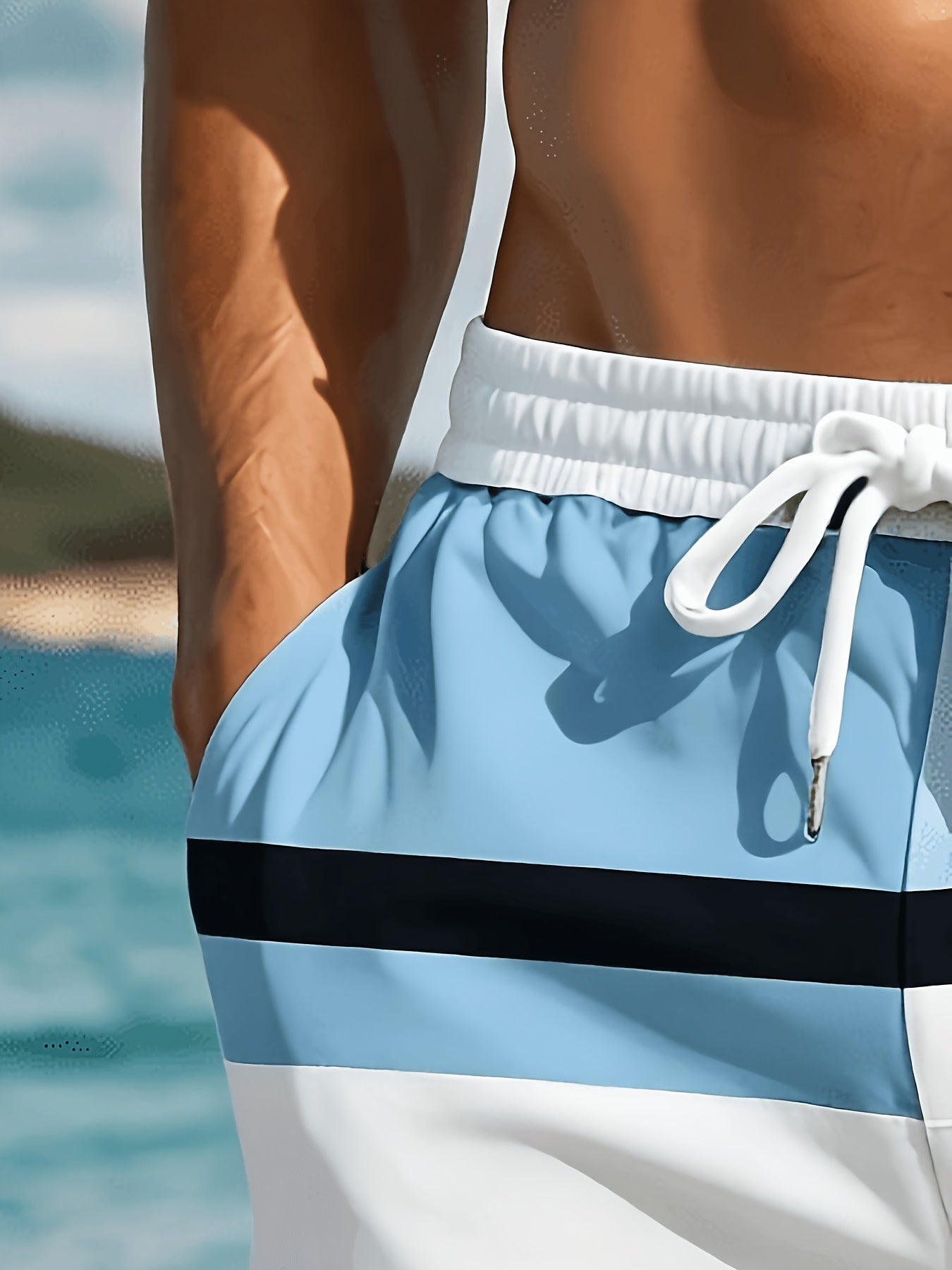 Men's Lightweight Polyester Beach Shorts with Color Block Design