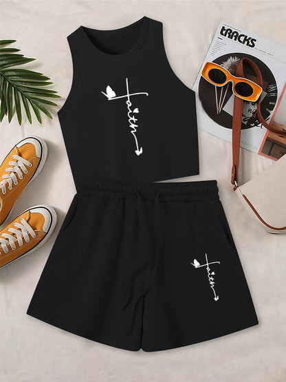 Women's Casual Printed Sleeveless Vest and Loose Shorts Set