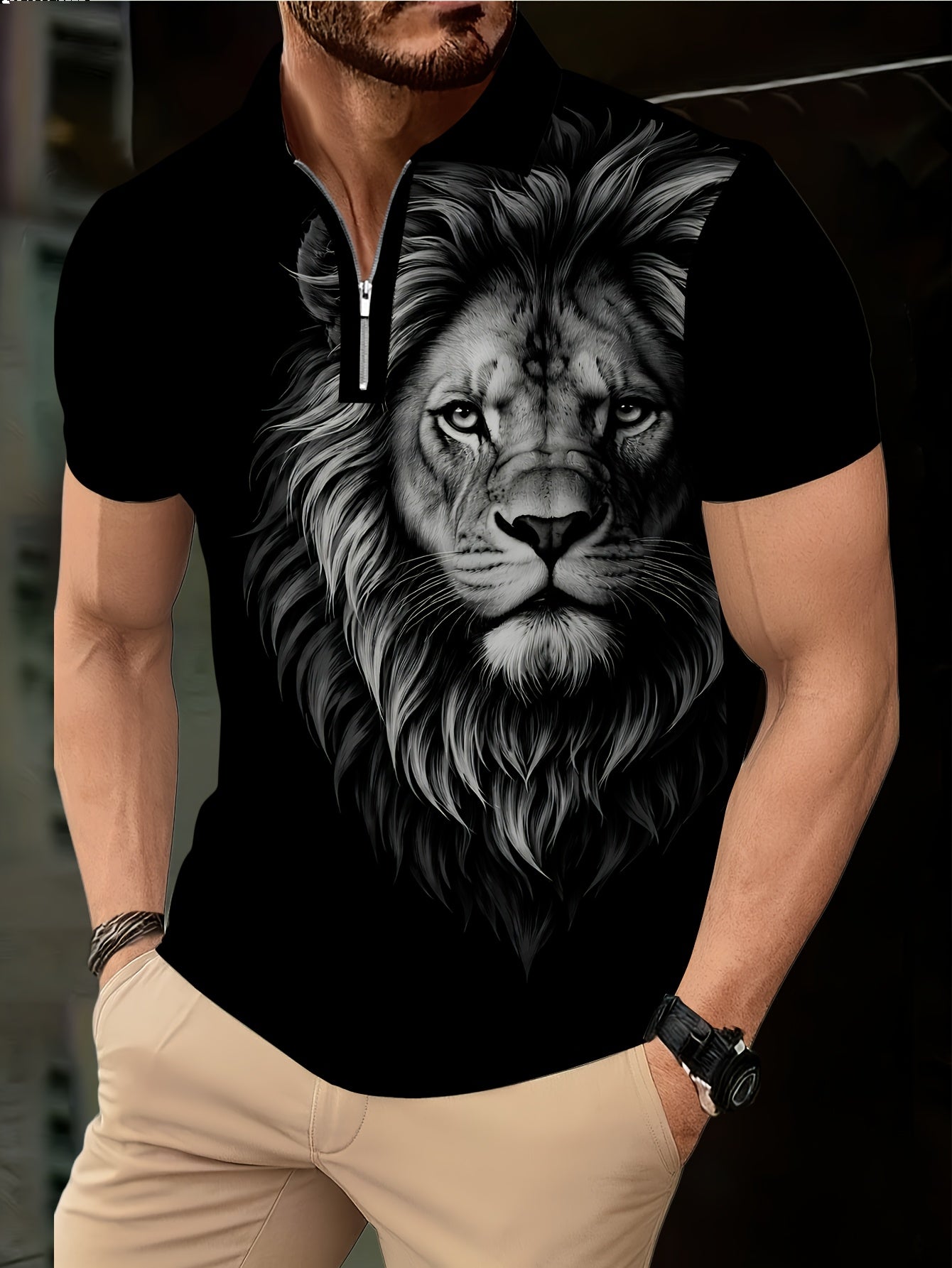 Men's Zip Shirt Short Sleeve Summer Trendy Lion Print Collar T-Shirt Business Casual Slim Fit Men's Top Women's Clothing