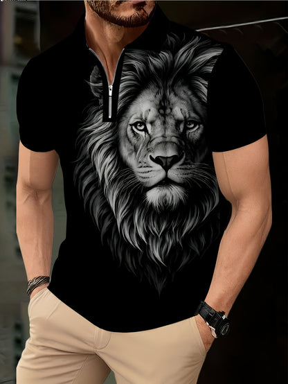 Men's Zip Shirt Short Sleeve Summer Trendy Lion Print Collar T-Shirt Business Casual Slim Fit Men's Top Women's Clothing