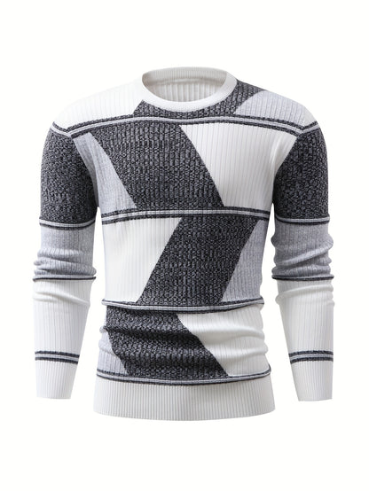 Men'S Fashionable Diamond Contrast Color Knit Long Sleeve Pullover in Faux Pear, First Name OBM, Casual Style, Ribbed Detail, High Stretch Fabric, Geometric Pattern, Regular Fit, Ideal for Fall/Winter