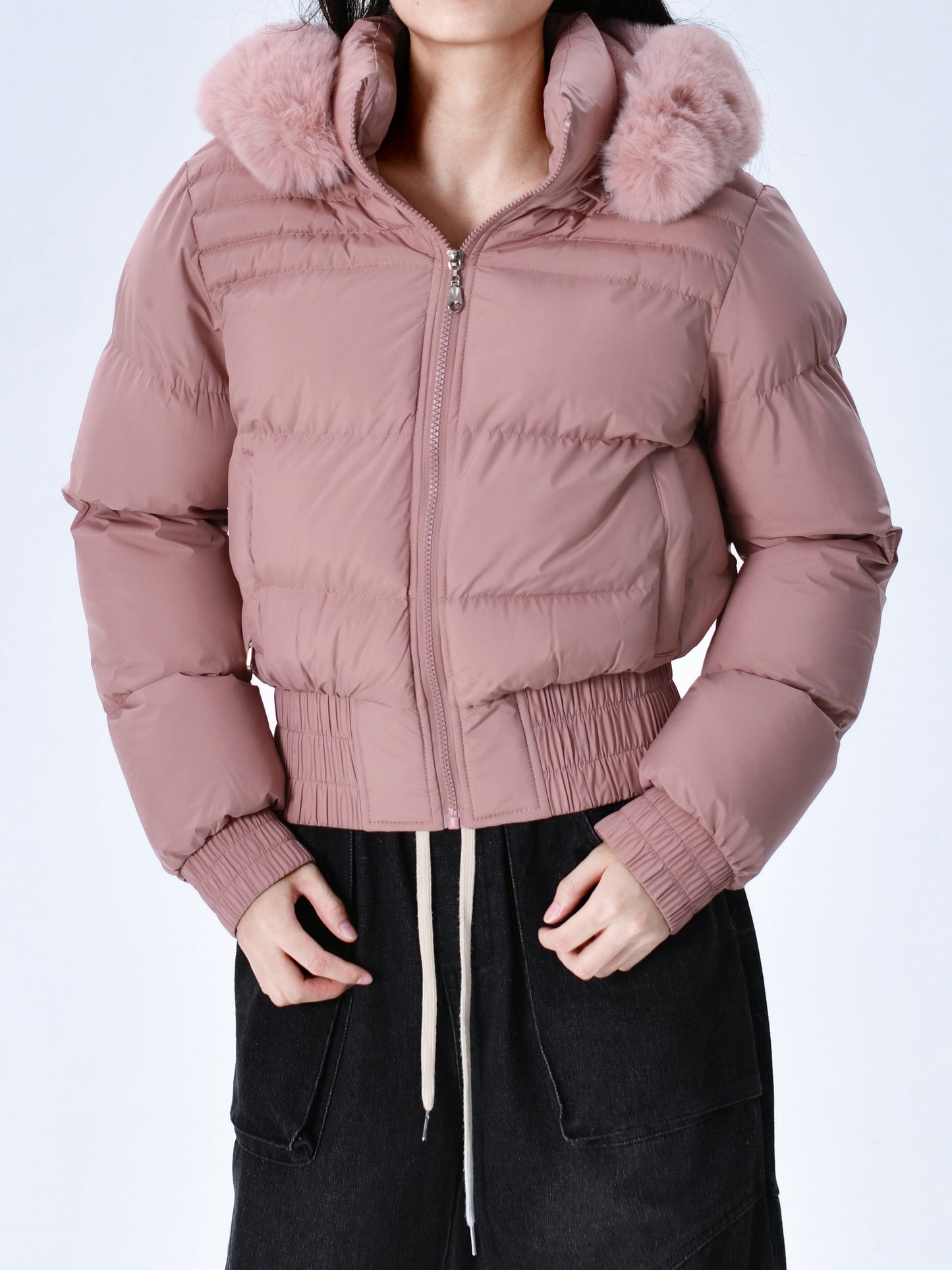 Elegant Polyester Padded Jacket for Women - 2024 Fashion Short Solid Color Coat with Thick Faux Fur Collar, Long Sleeves, Zipper Detail, Woven - Winter Warmth Casual Outerwear