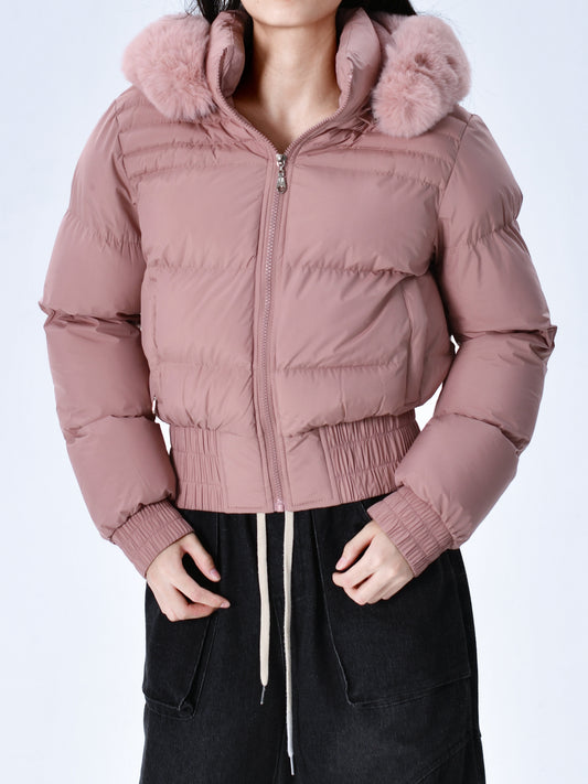 Elegant Polyester Padded Jacket for Women - 2024 Fashion Short Solid Color Coat with Thick Faux Fur Collar, Long Sleeves, Zipper Detail, Woven - Winter Warmth Casual Outerwear