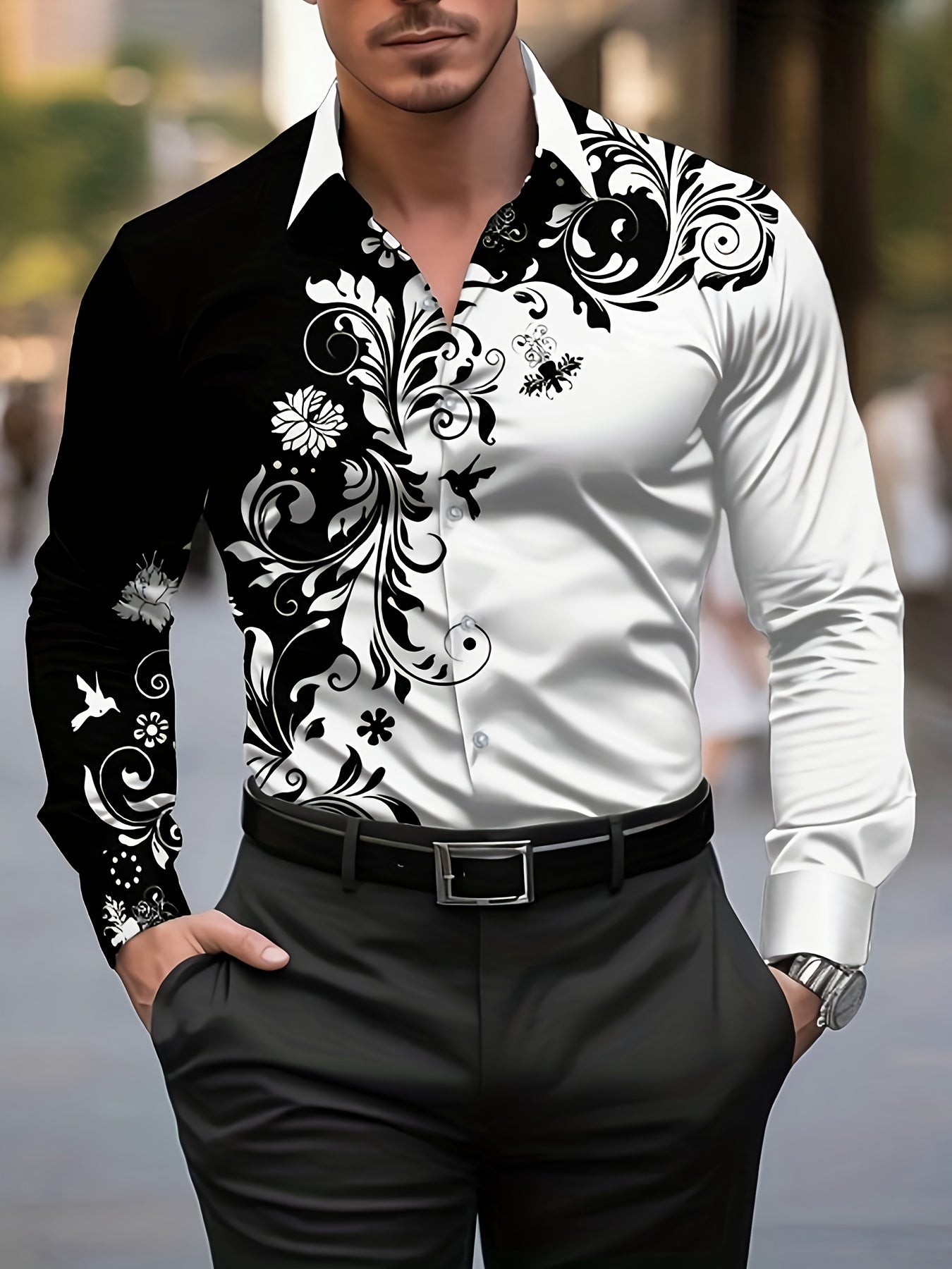 Men'S Casual Floral Print Dress Shirt - Black & White Swirl Design, Button-Up Collar, Long Sleeve, Regular Fit for Spring/Fall, Versatile for Casual & Formal Wear, Spring Fashion, Nonelastic Fabric, Elegant Shirt For Men, Lon