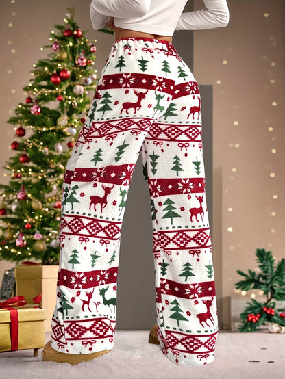 Women's Elegant Red & White Christmas Snowflake Reindeer Plaid Winter Trousers - Straight-Leg Warm Pants with Elastic Waist (No Buttons/Zippers), Machine Washable for Holiday Parties, New Year's & Casual Outfits (Festive Styl