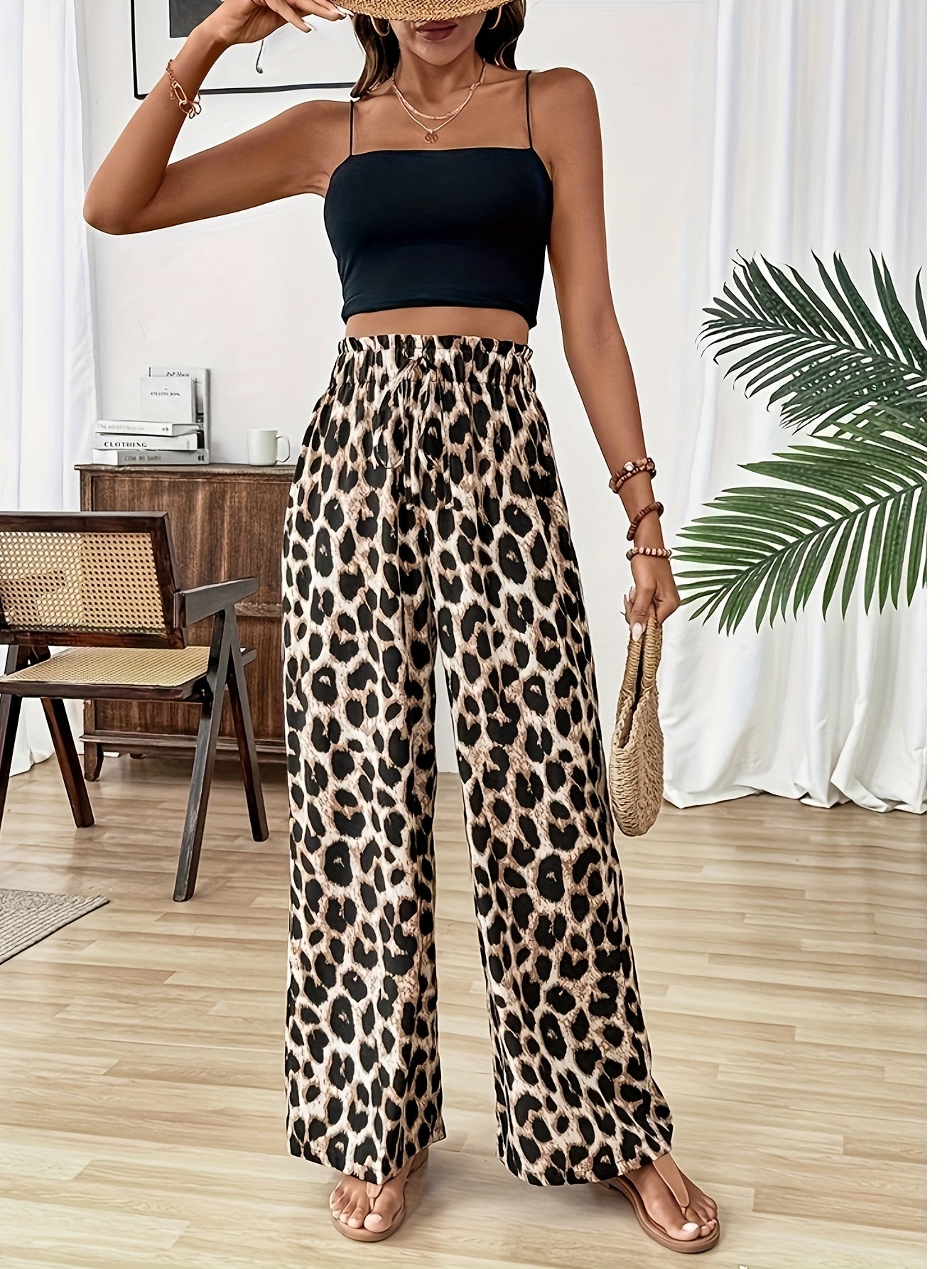 Casual Leopard Print Straight Leg Trousers for Summer