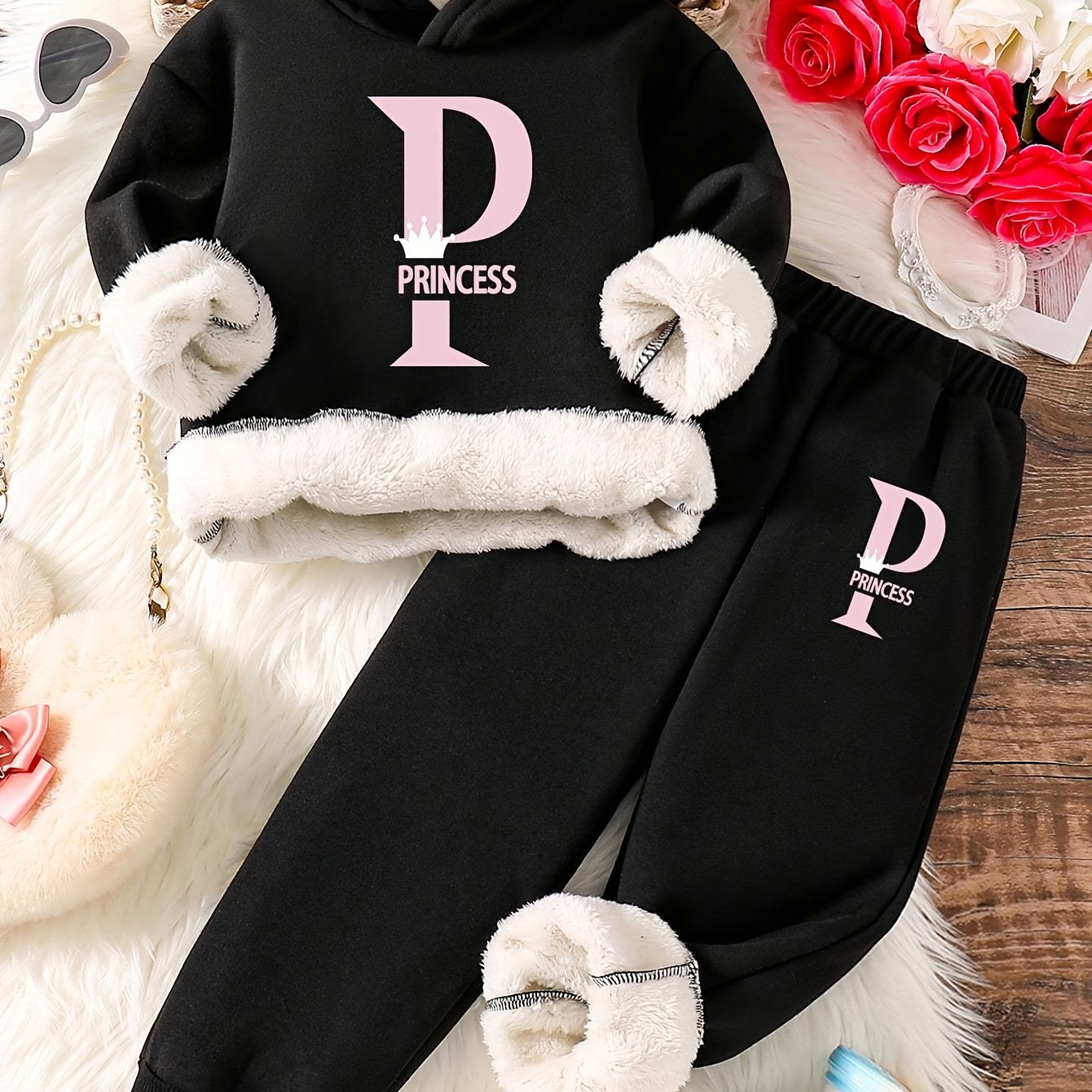 Autumn And Winter Style Fleece Tops, Fashionable Letter Pattern Prints, Warm Hoodies And Sweatpants Two-Piece Set, for Outdoor