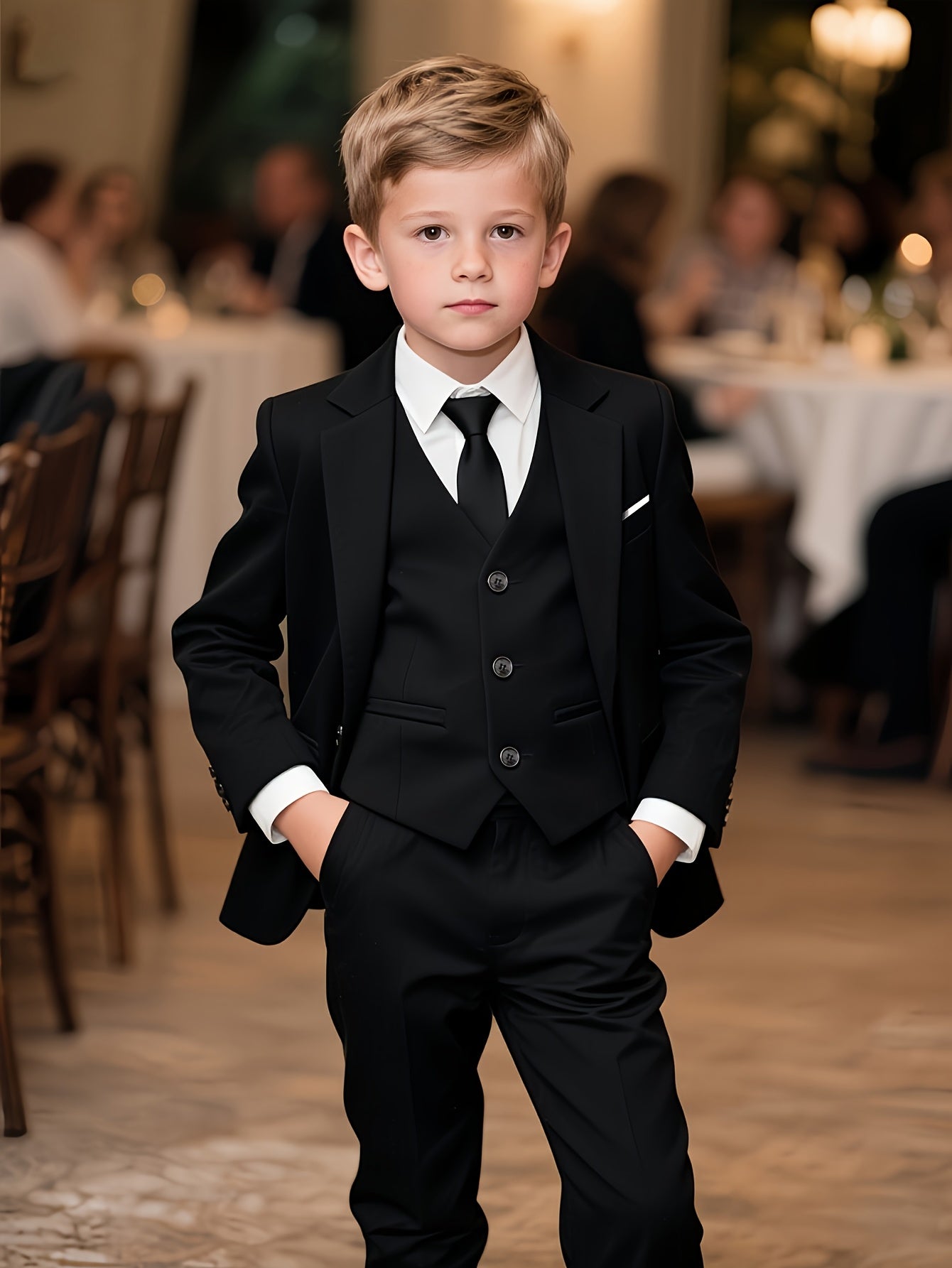 Boys' 4-Piece Black Suit Set with Jacket, Blazer, Trousers & Tie