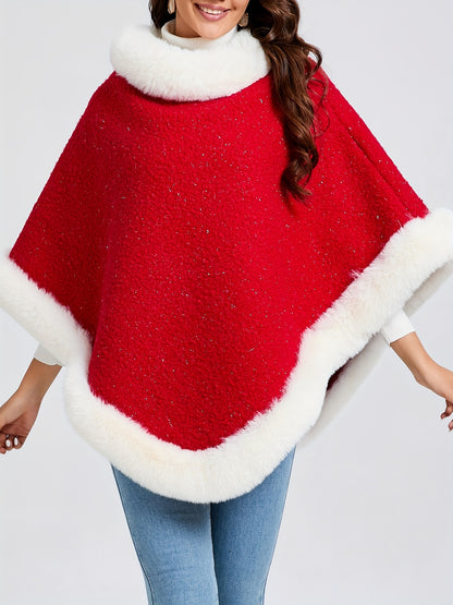 1pc Women's Elegant Red & White Faux-Fur Collar Winter Coat - Thickened Warm Jacket with Round Neck, Loose Fit Blazer for Christmas, New Year, Parties & Daily Wear - 100% Polyester (Hand Wash/Dry Clean) - Coat of Many Colors,