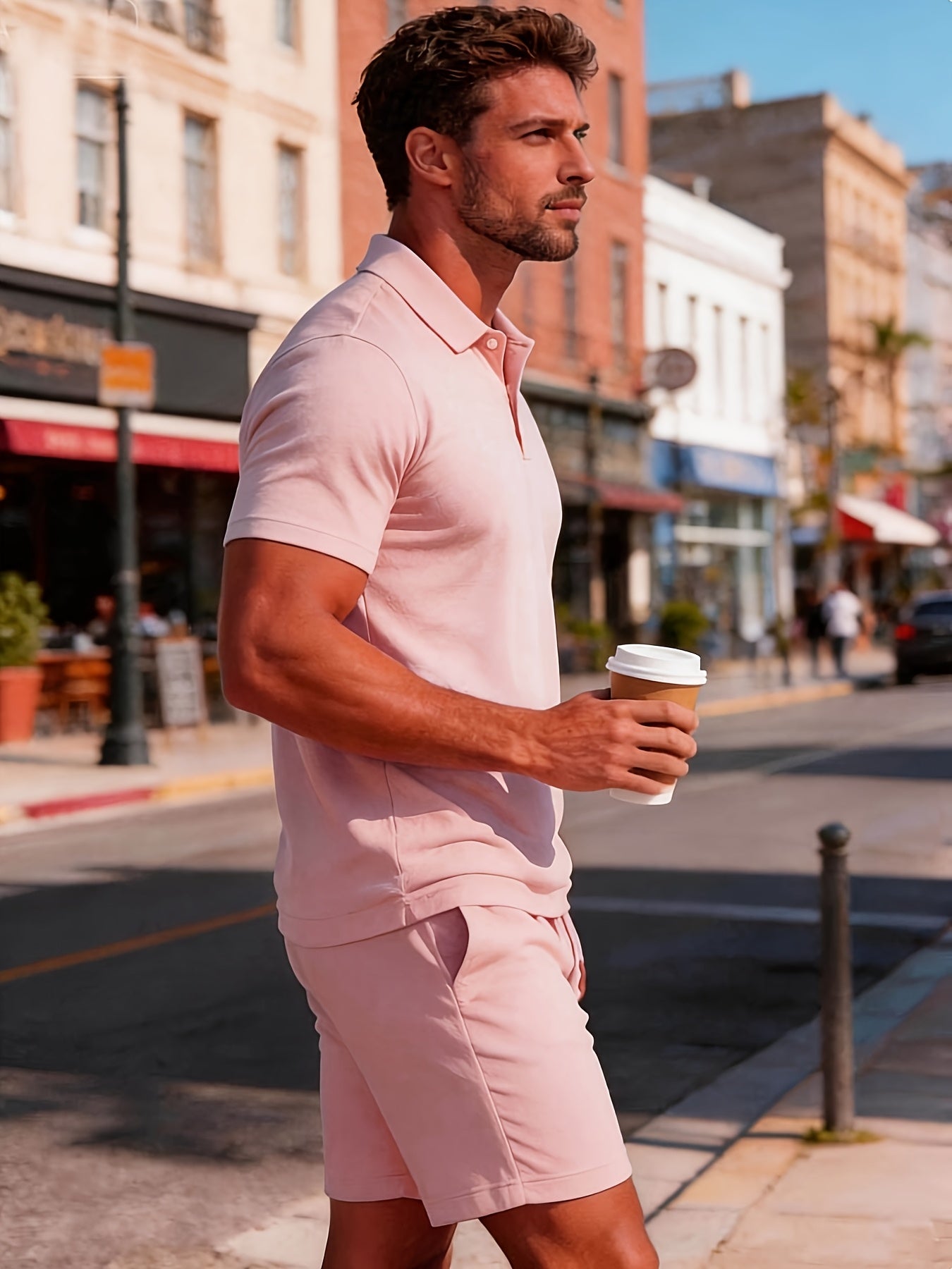 Men’s Summer Casual Golf Shirt and Solid Waist Shorts Set