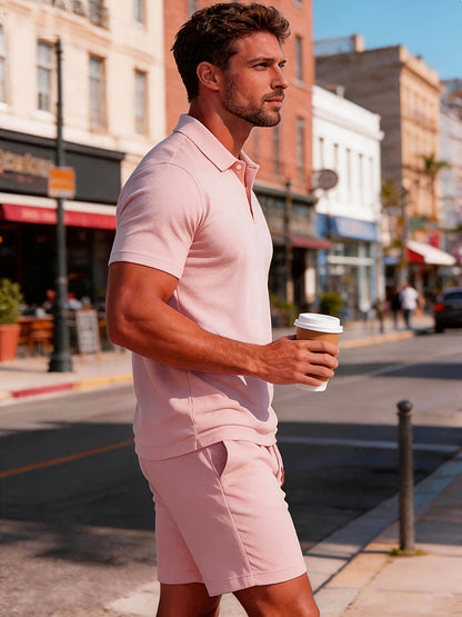 Men’s Summer Casual Golf Shirt and Solid Waist Shorts Set