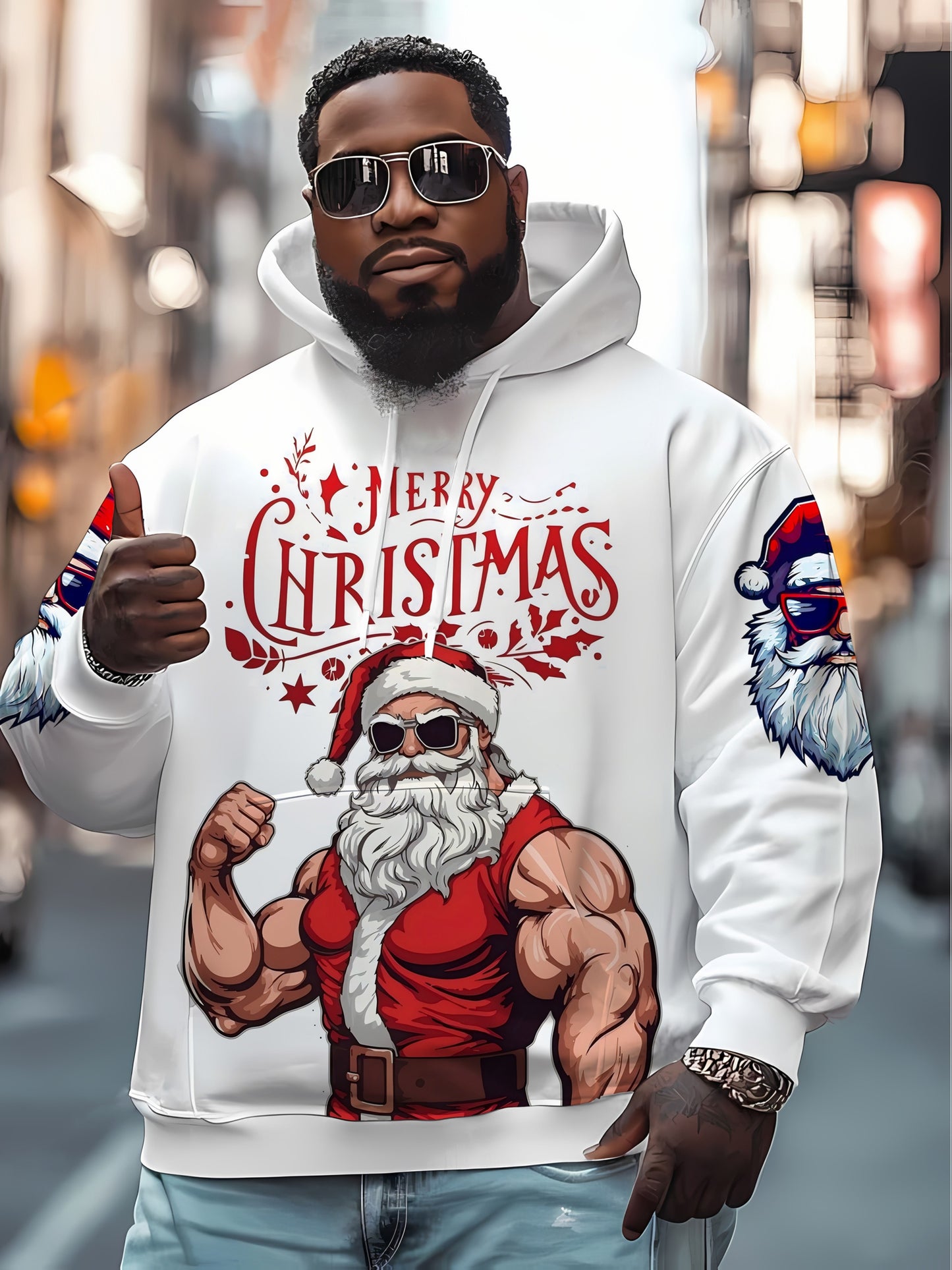 Men'S Muscle Santa Claus Hoodie - Funny Christmas Sweatshirt with Front & Back Print, Large Size Big & Tall Pullover, Gym & Party Outfit - Muscle Santa Graphic Hooded Sweatshirt for Men, Holiday Casual Wear, Playful Holiday D