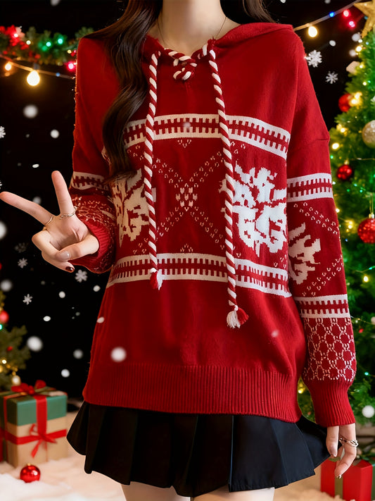 Autumn/Winter Women's Korean-Japanese Style Christmas Sweater, New Year Holiday Red Fair Isle Top, New Arrival Embroidered Stripe Embroidered Collar Adjustable Drawstring Embroidered Snowflake Pattern Thick Warm Hooded Sweats