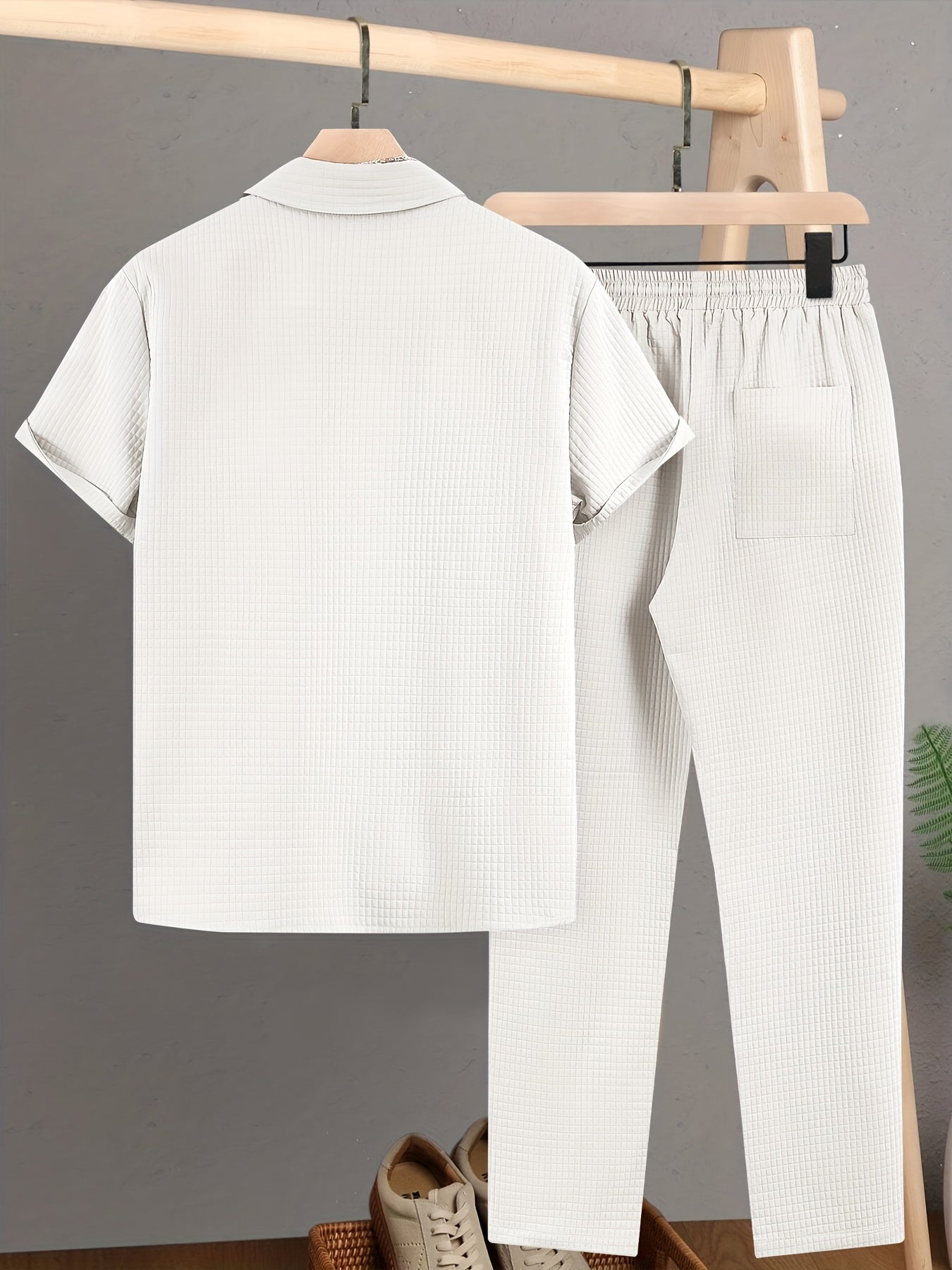 Summer Men'S Casual Bread Pattern Texture Short Sleeve Long Pants Shirt Set, 100% Polyester, Double Pocket Shirt, Turnover Woven Top Can Be Machine Washed and Dry Cleaned
