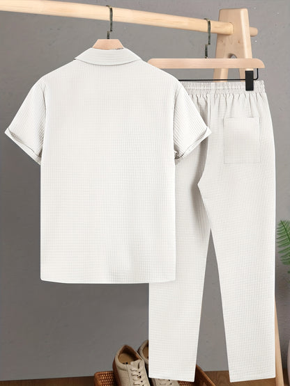 Summer Men'S Casual Bread Pattern Texture Short Sleeve Long Pants Shirt Set, 100% Polyester, Double Pocket Shirt, Turnover Woven Top Can Be Machine Washed and Dry Cleaned