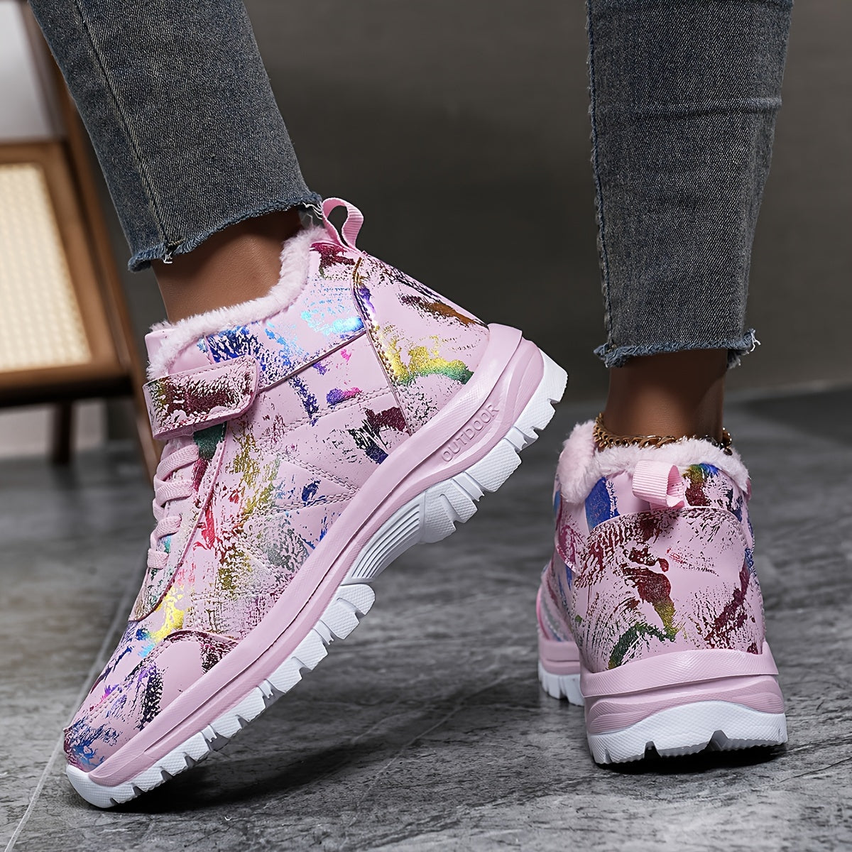 1 Pair Women'S Winter Warm Snow Boots, Fleece-Lined High-Top Outdoor Shoes, Round Toe, Patterned Print, EVA & MD Sole, Fabric Insole - Fashionable Ladies' Footwear