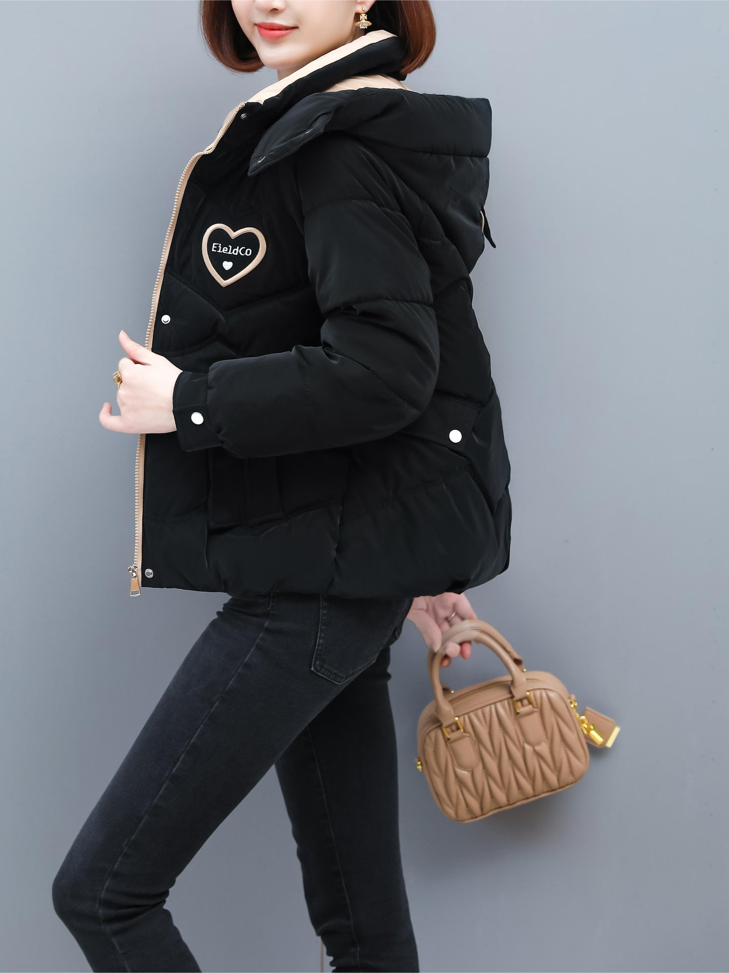 Women's Winter Hooded Jacket - Stylish Beige & White Zip-Up Coat with Heart Design, Warm Polyester Outerwear for Casual or Chic Looks, Winter Jacket