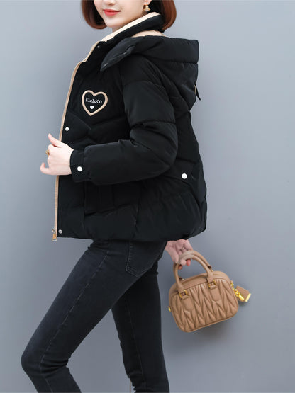 Women's Winter Hooded Jacket - Stylish Beige & White Zip-Up Coat with Heart Design, Warm Polyester Outerwear for Casual or Chic Looks, Winter Jacket