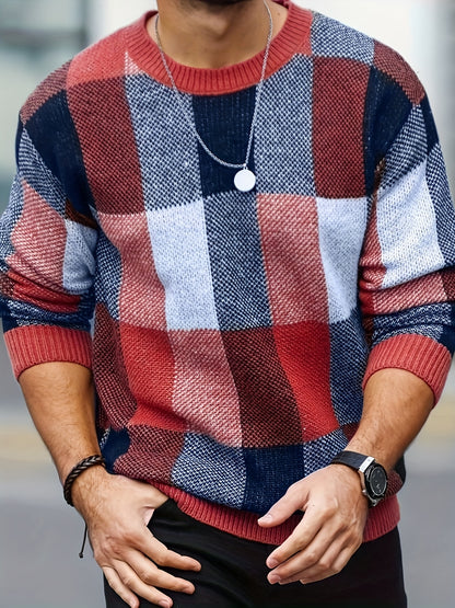 Men'S Casual Plaid Crew Neck Knit Sweater | Loose Fit, Long Sleeve, Fashionable Color Block Design, Suitable for Fall/Winter