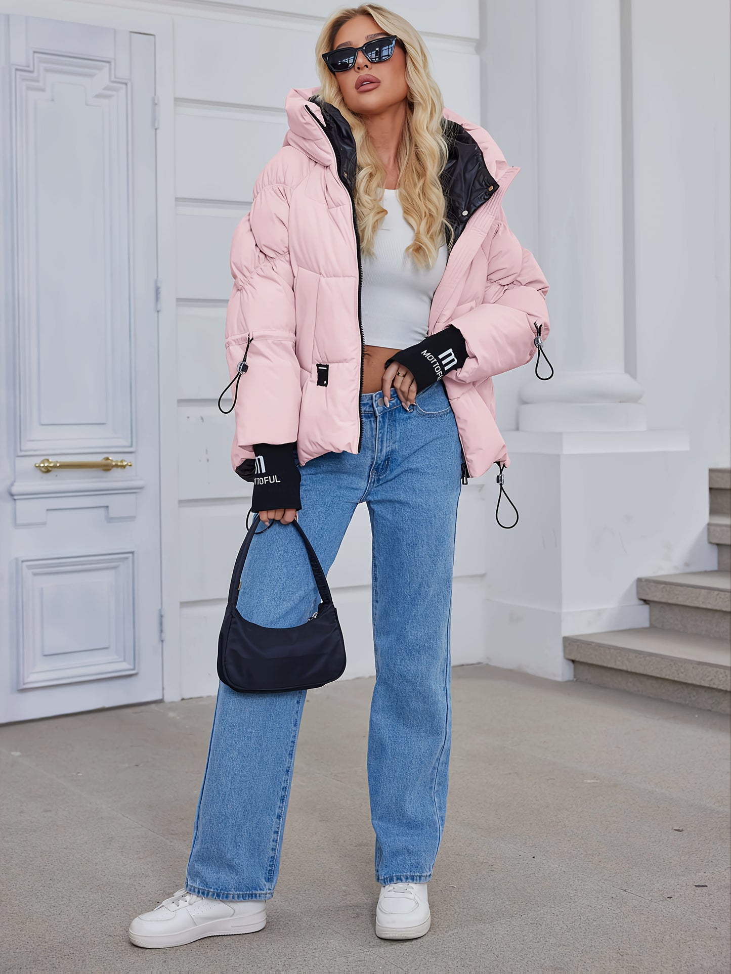 Women's Stylish Beige Puffer Jacket - Casual Warm Winter Coat with Black Trim, Long Sleeves & Zippered Hood, Polyester Fabric for Outdoor Comfort