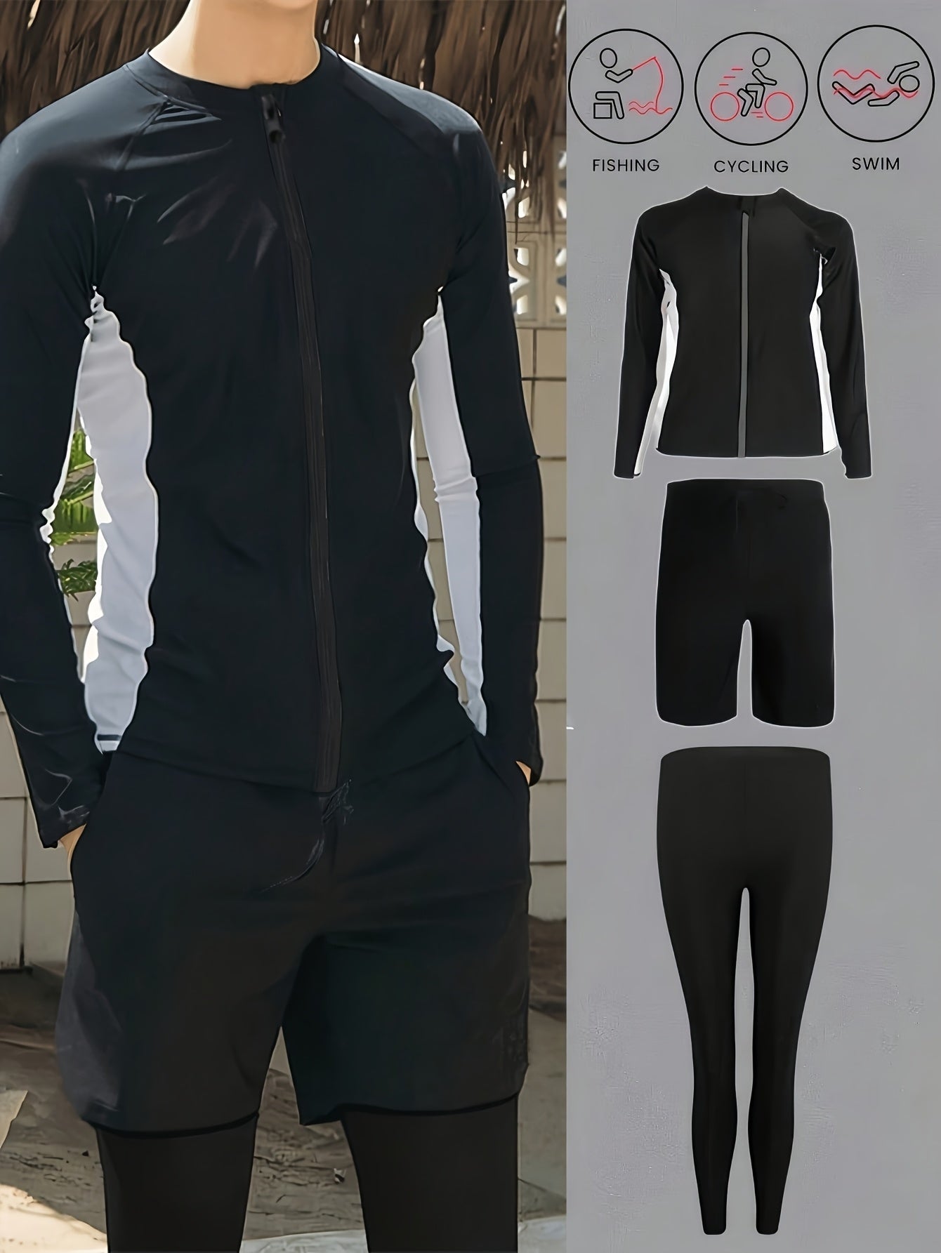 Men’s Black & White Athletic Swimwear Set with Zip-Up Top & Pockets