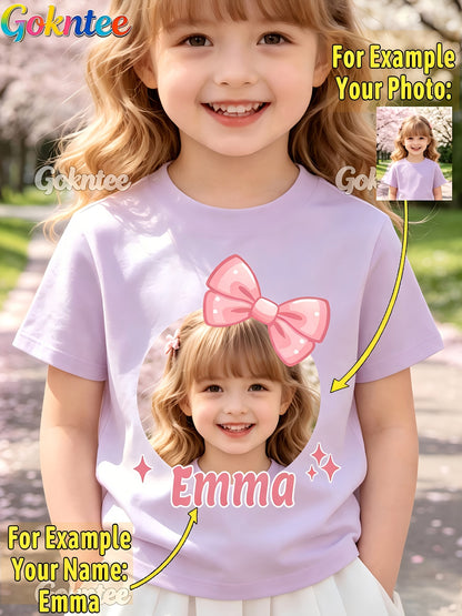 Girls' Personalized Cartoon T-Shirt with Pink Bow, Crew Neck