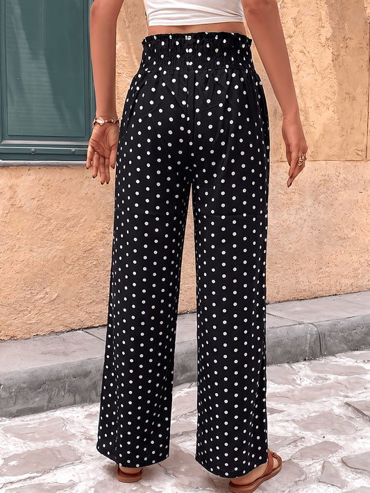 Women's High-Waisted Black & White Polka Dot Wide-Leg Pants