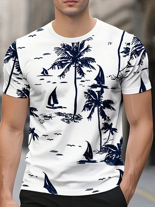 Men'S Quick-Dry Tropical Palm Tree Print T-Shirt - Breathable Round Neck Casual Tee for Summer, Outdoor  Daily Wear, Lightweight  Comfortable Fit, Outdoor Tshirt   Tropical Print Shirt   Comfortable Fit