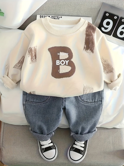 Boys' Casual Cotton Blend Sweatshirt & Denim Pants Set for Spring/Fall - ayq