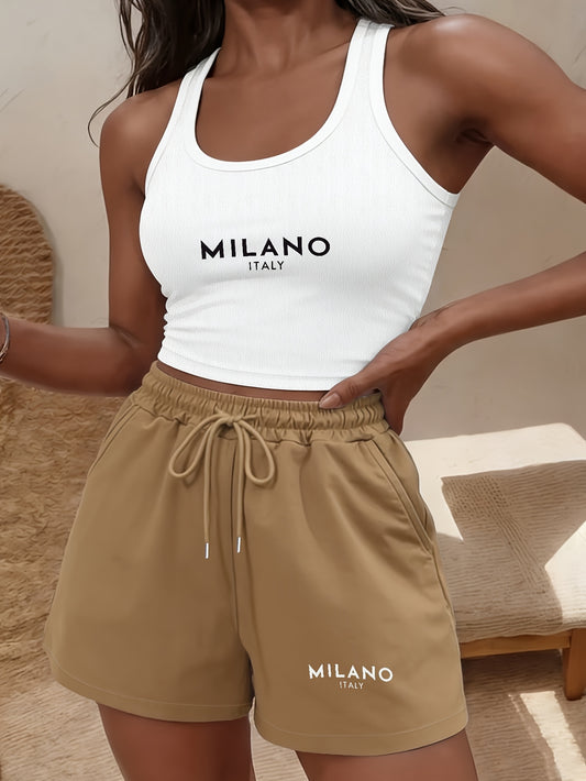 Women's Casual Sleeveless Crop Top & Drawstring Shorts Set