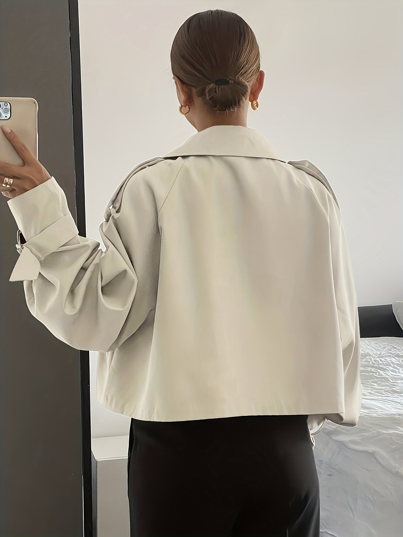 Women's Spring/Autumn Solid Color Simple Loose Casual Short Long Sleeve Trench Coat