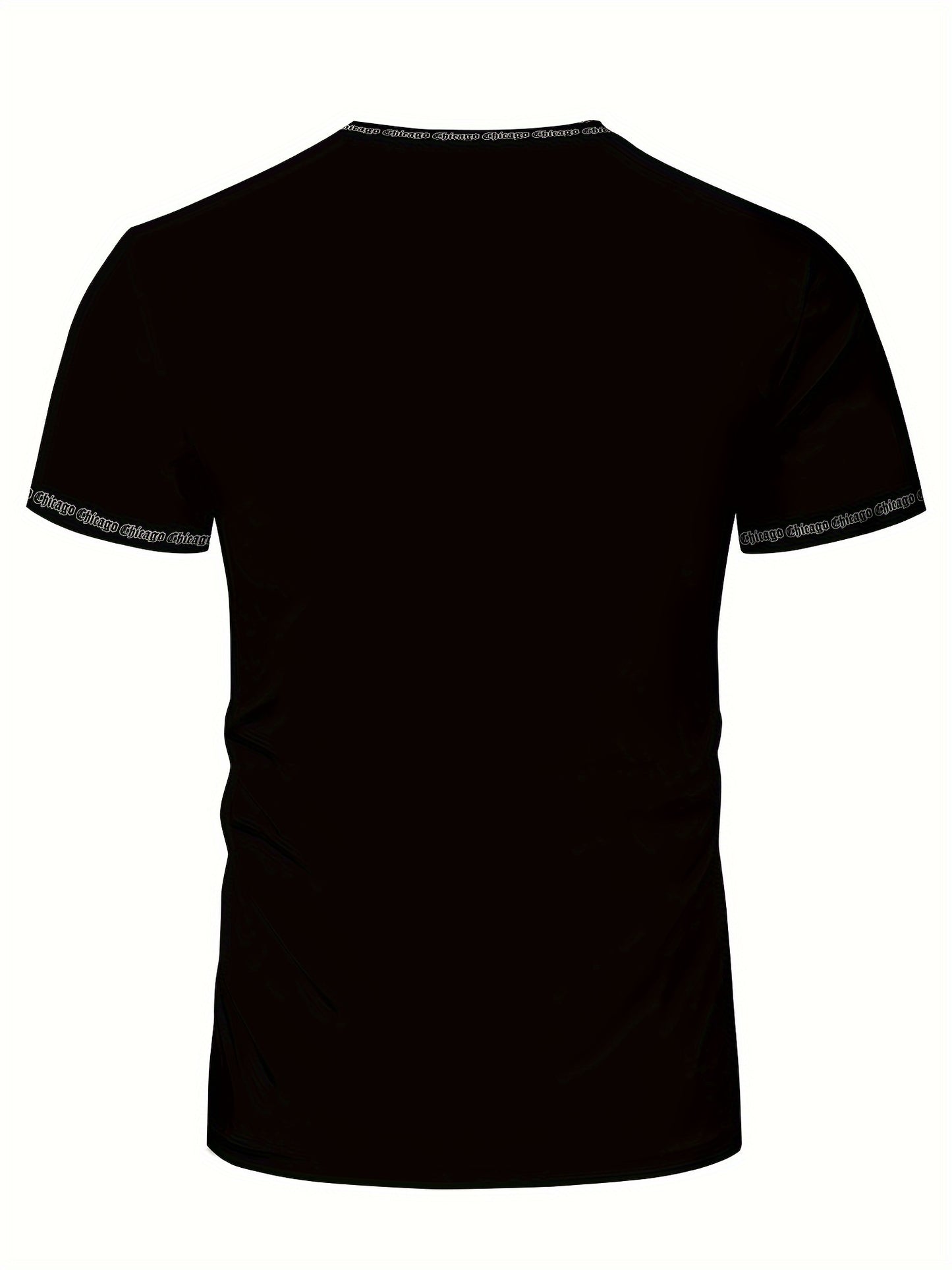 Men'S Chicago Print T-Shirt, Polyester-Spandex Blend, Crew Neck, Short Sleeve, Geometric Pattern, High Stretch, Tear Resistant, Sports  Casual Style, Summer Fit Top for Training, Yoga, Hiking  Festive Occasions