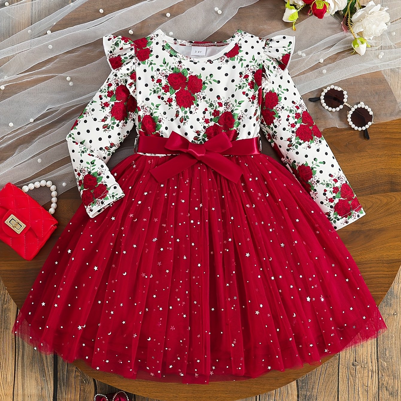 COVIVIKY Girls' Elegant Long Sleeve Party Dress with Puff Skirt & Sheer Panel - Knee-Length A-Line Wedding Prom Dress, Belted Waist Bow & Netting Trim, Hand Washable Winter Formal Gown for Girls (Age 4-12)