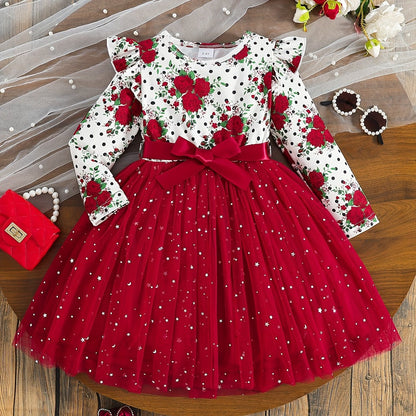 COVIVIKY Girls' Elegant Long Sleeve Party Dress with Puff Skirt & Sheer Panel - Knee-Length A-Line Wedding Prom Dress, Belted Waist Bow & Netting Trim, Hand Washable Winter Formal Gown for Girls (Age 4-12)