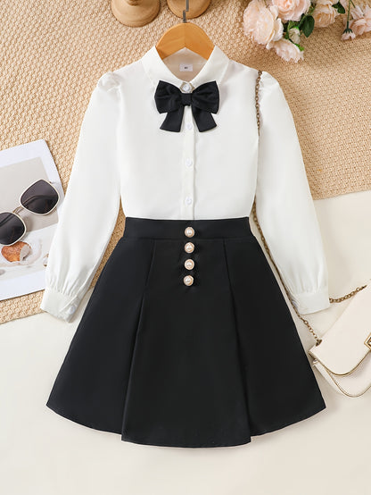 Girls' Two-Piece Spring Outfit with Collared Blouse & Pleated Skirt