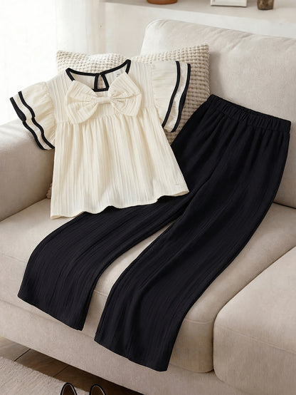Girls' Summer Set: Loose Apricot Top & Black Straight Pants
