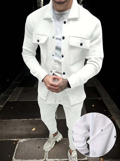 1set Men'S Casual Solid Color Polyester Outfit - Long Sleeve Button-Down Lapel Collar Jacket with Pockets and Drawstring Long Pants Set for Fall/Winter