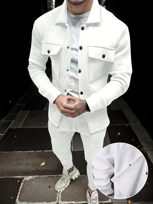 1set Men'S Casual Solid Color Polyester Outfit - Long Sleeve Button-Down Lapel Collar Jacket with Pockets and Drawstring Long Pants Set for Fall/Winter