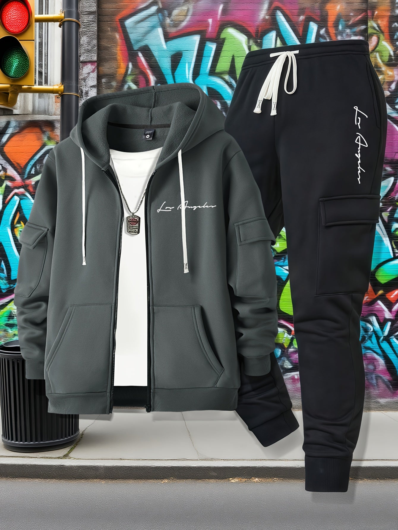 Men's Casual Zip Hoodie and Loose Cargo Pants Set - Breathable Polyest