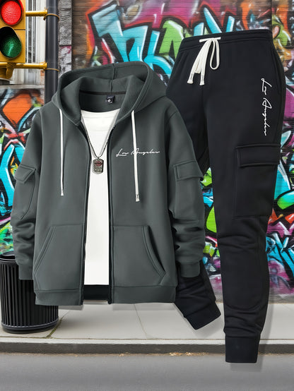 Men's Casual Zip Hoodie and Loose Cargo Pants Set - Breathable Polyest