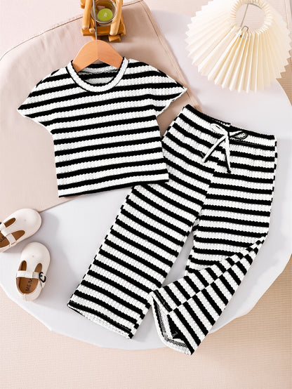Girls' Striped Short-Sleeve Top & Long Pants Set - Elegant Casual