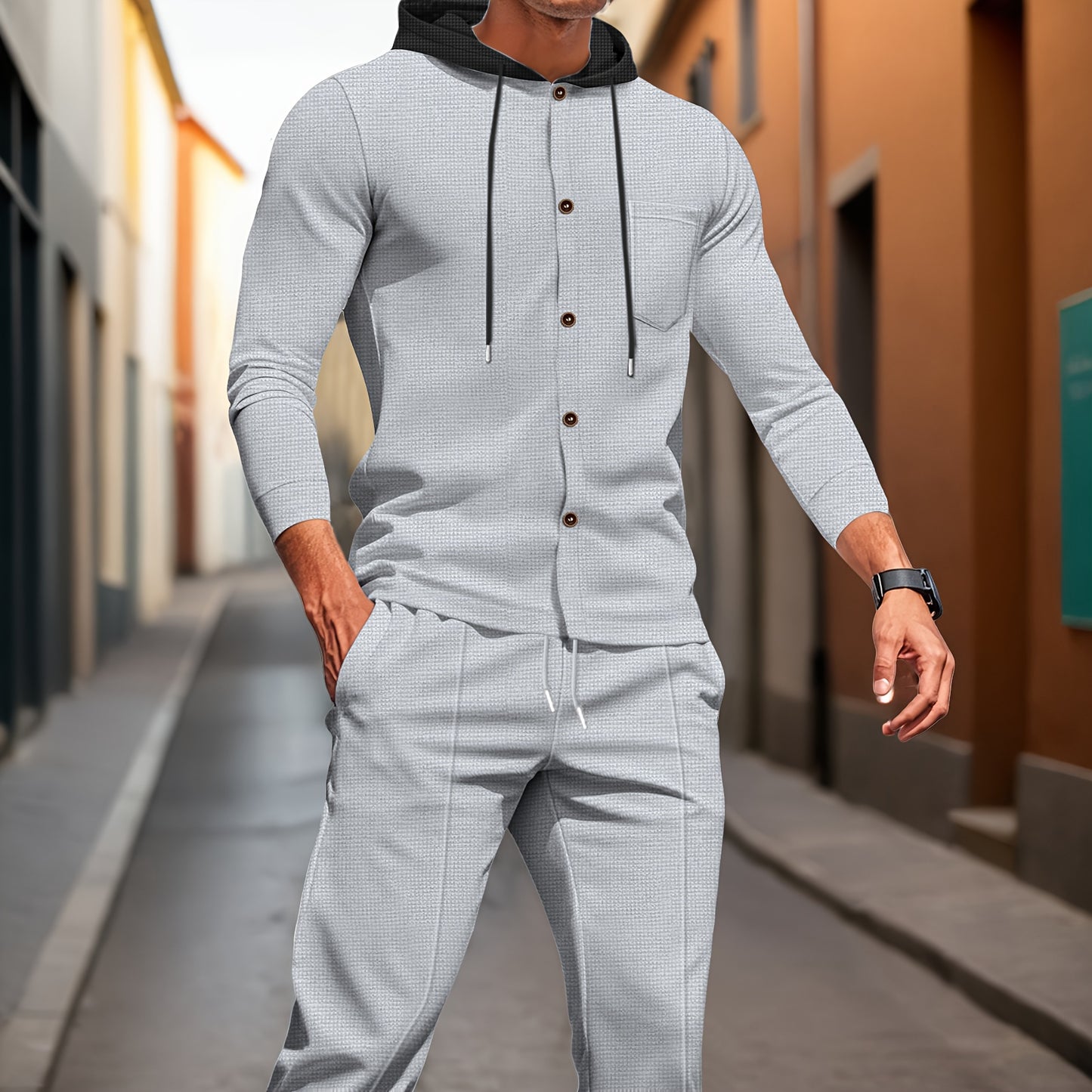 Men'S Lightweight Hooded Cardigan - Long Sleeve Sweater Jacket, Button-Front Closure, Light Grey Casual Outerwear for Office, Casual Attire - Breathable Fall/Spring Layering Essential, Sweater Cardigan, Waffle Texture, Durabl