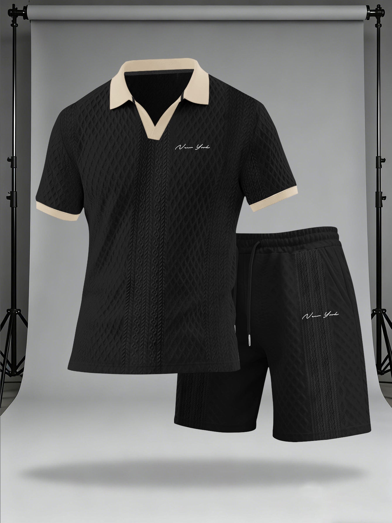 Men's Casual Summer Knitted Polo Set with Geometric Pattern
