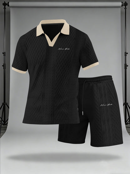 Men's Casual Summer Knitted Polo Set with Geometric Pattern