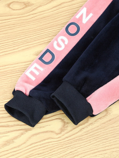 Girls' Thickened Fleece-Lined Hooded Zip-Up Jacket & Jogger Pants Set - Cozy Two-Piece Outfit with "NUS" Letter Print, Long Sleeves, and Drawstring Waist, for Outdoor, And Casual Wear, Winter Clothing, Playful Design, Soft Fa