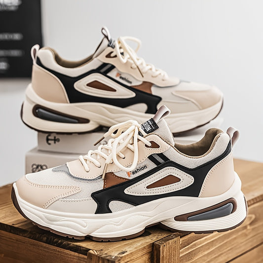 Men's Fashion Sneakers - White/Black/Brown PU Upper, Breathable Fabric Lining  Cushioned EVA Insole, Durable PVC Sole, Lace-Up Mid-Top Design for All-Season Casual  Daily Wear, High Top Sneakers, Versatile Footwear, Modern