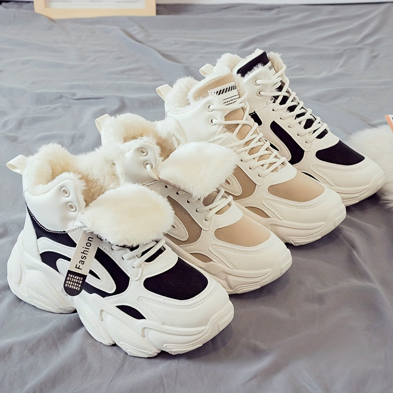 Women's Plush Fleece-Lined High-Top Sneakers - Thick-Soled Winter Warm Lace-Up Shoes with PU Upper & Cushioned PVC Sole, White/Black/Grey Chunky Dad Shoes (Cozy Round Toe) - Instagram Trendy Winter Footwear by I Trend
