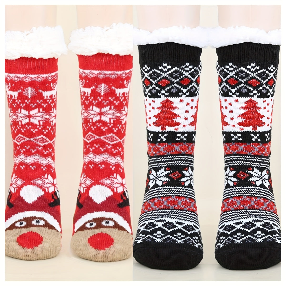 2 Pairs of Extra Thick Fleece-Lined Christmas Socks, Double Warmth and Comfort with Non-Slip Design for Indoor Use by Men & Women - Perfect Gift Idea, Winter Socks For Women, Socks For Women Winter, Christmas Fleece Socks, Be